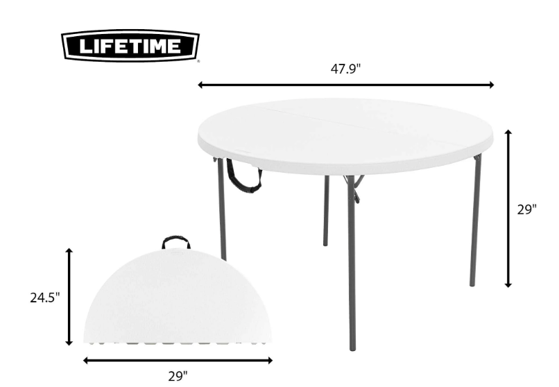 Diagram of a round Lifetime table, showing dimensions: 47.9 inches wide, 29 inches high, with a folded height of 24.5 inches.